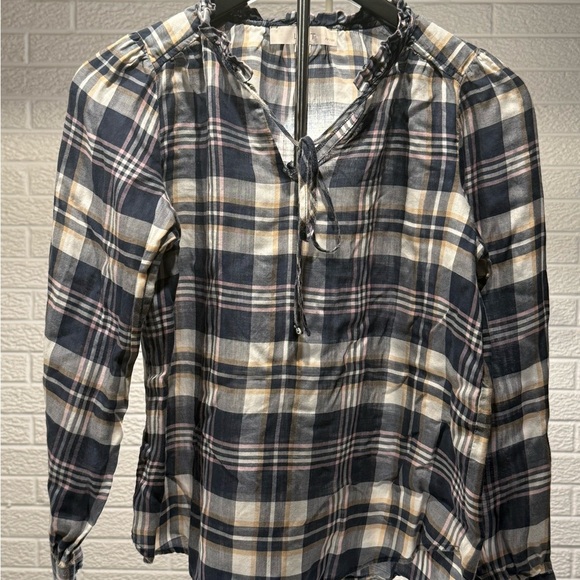 LOFT Tops - LOFT Blue and White 3/4 Sleeve Tie Front Blouse